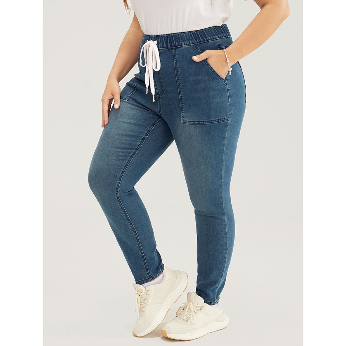 Plus Size Slightly Stretchy High Rise Dark Wash Drawstring Jeans Women DarkBlue Casual Plain Pocket Low stretch Pocket Jeans BloomChic 20/2X Product Image