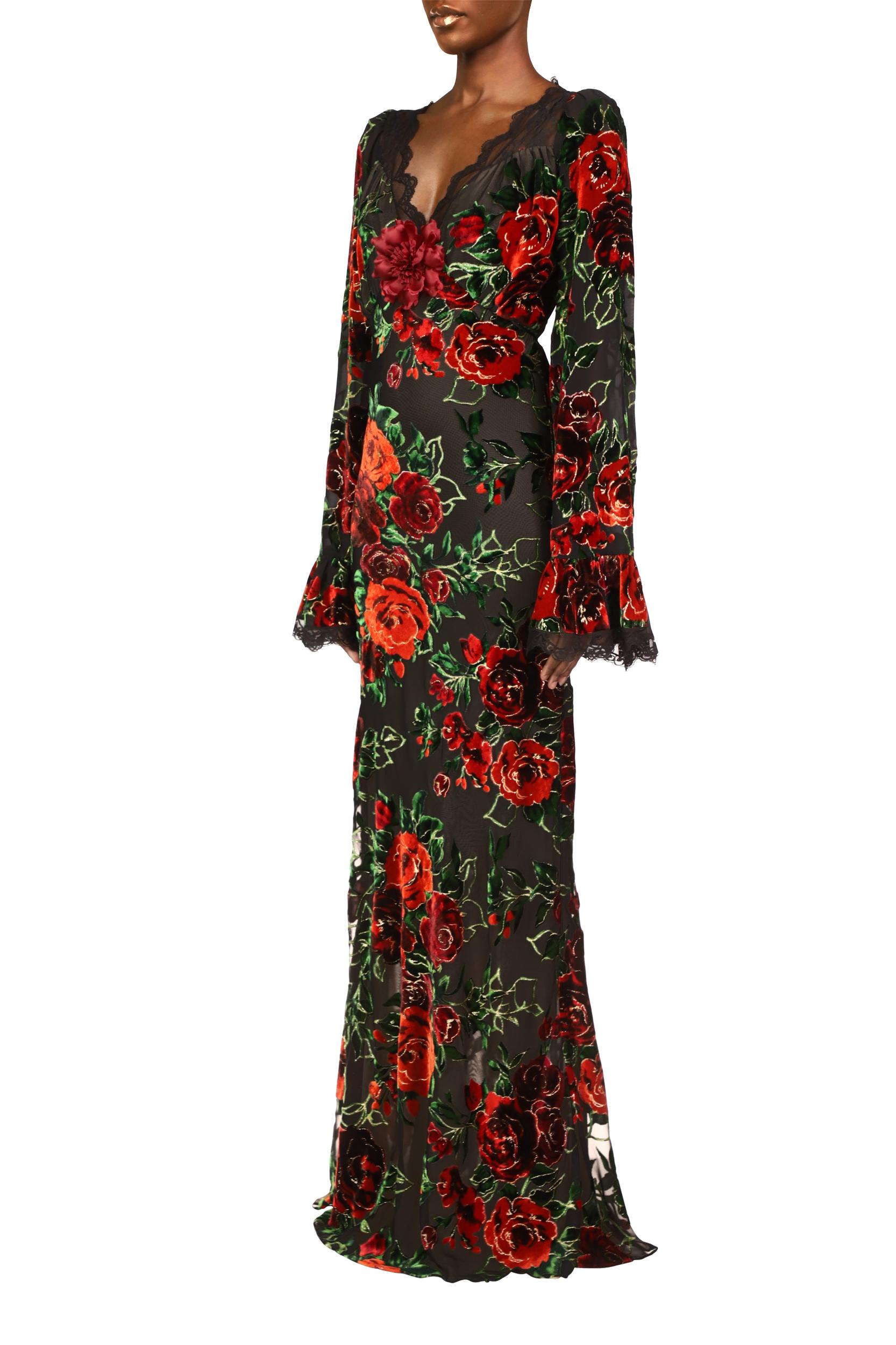 Floral Burnout Velvet Gown Dress With Bell Sleeves Product Image