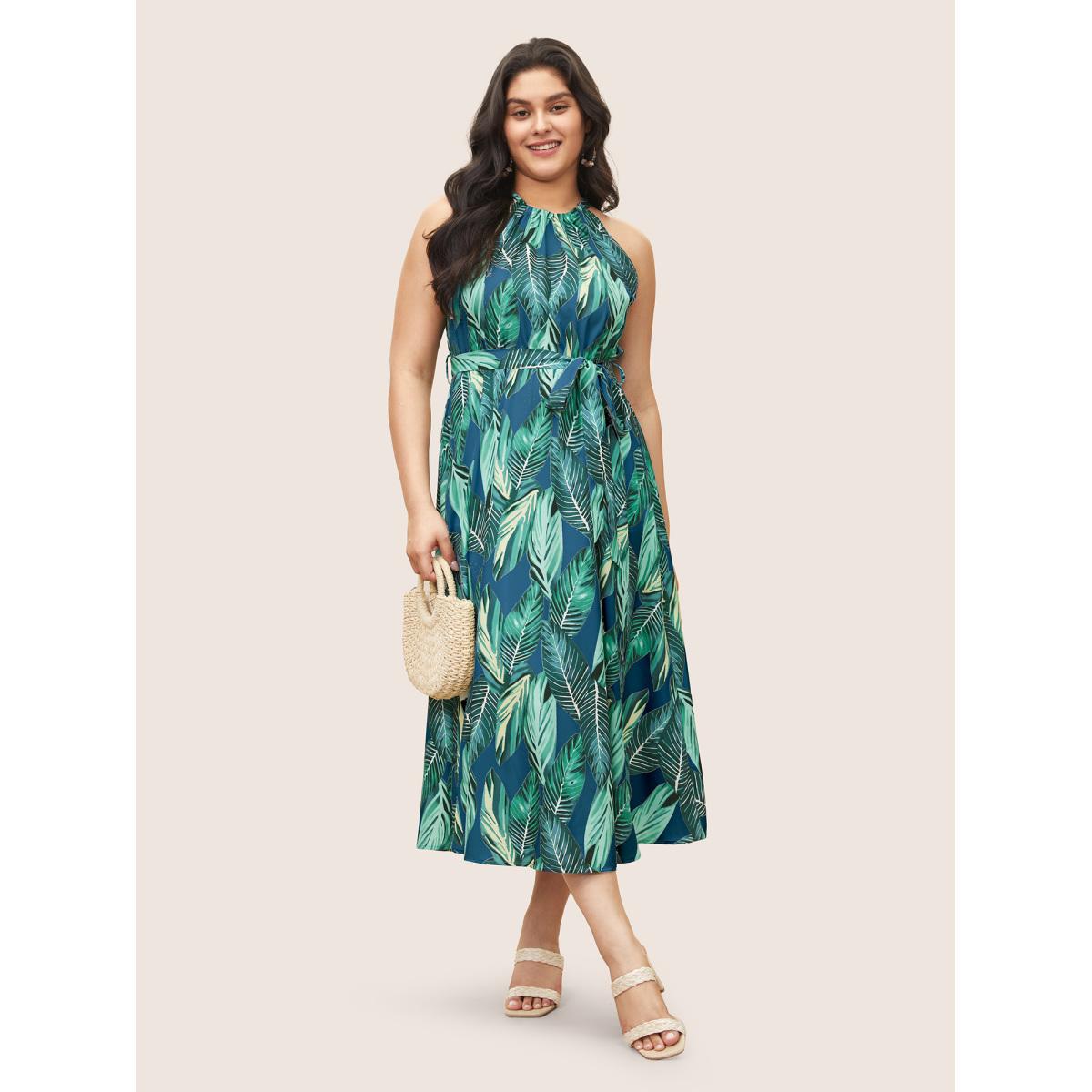 Plus Size Tropical Print Knotted Pocket Ruffles Belted Halter Dress Lilac Women Resort Non Halter neck Sleeveless Curvy Midi Dress BloomChic 22-24/3X Product Image