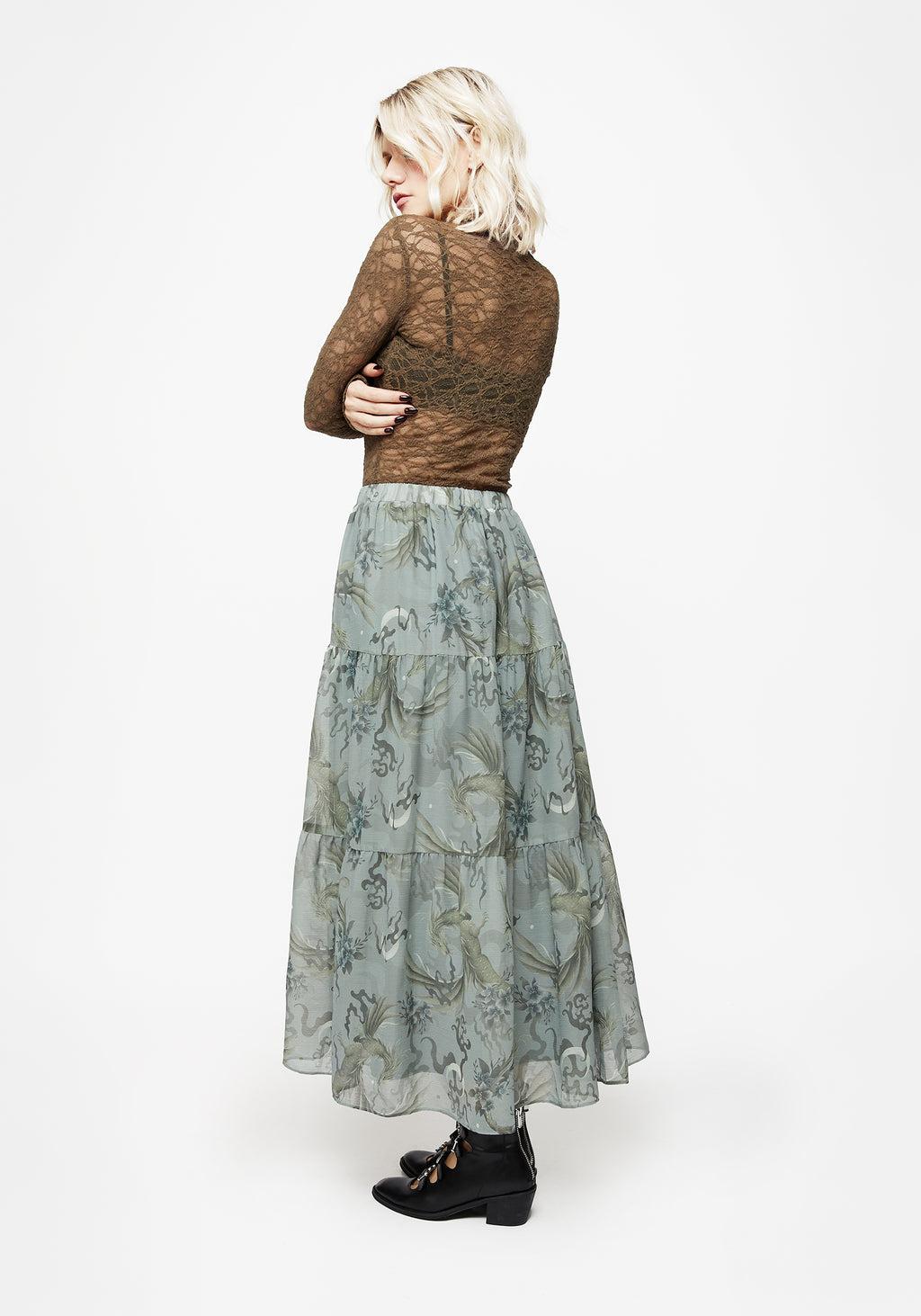 Sapphira Dragon Print Chiffon Tiered Maxi Skirt Product Image