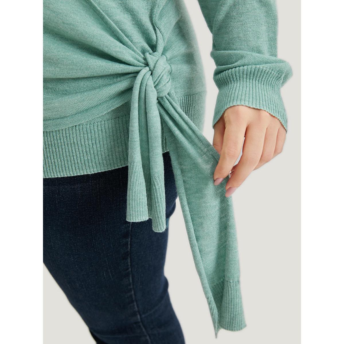 Plus Size Supersoft Essentials Plain Crossover Ties Elastic Cuffs Pullover Mint Women Casual Loose Long Sleeve V-neck Dailywear Pullovers BloomChic 28/5X Product Image