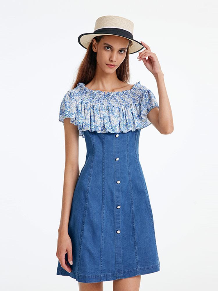 Denim Dress With Patchwork Floral Product Image