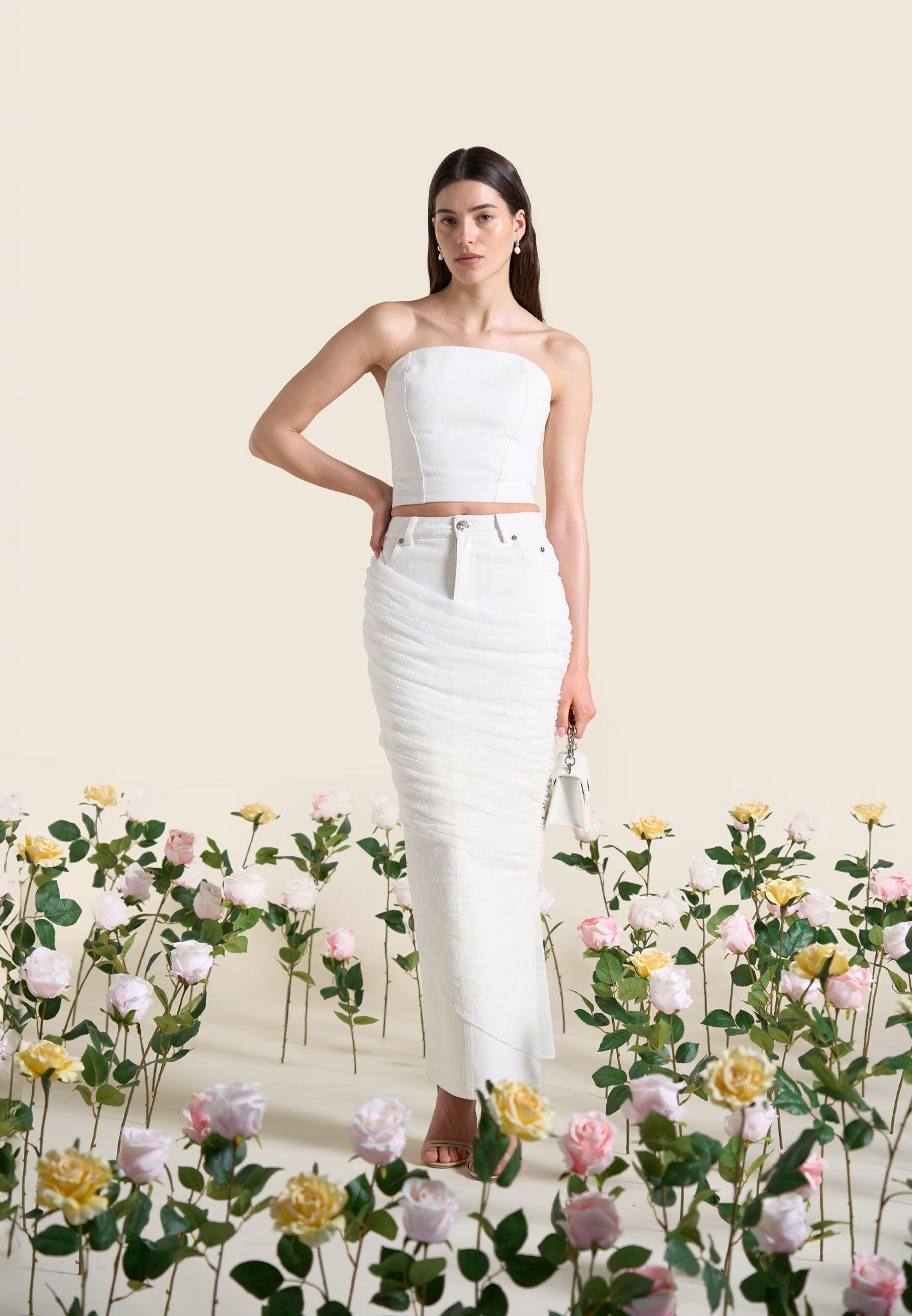 Draped Mesh Denim Maxi Skirt - Off White Female Product Image