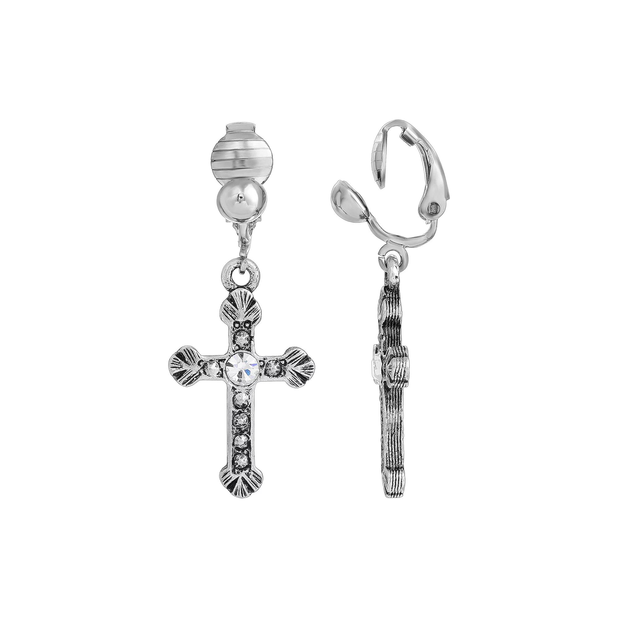 1928 Crystal Accent Cross Clip On Earrings, Womens, Gold Tone Product Image