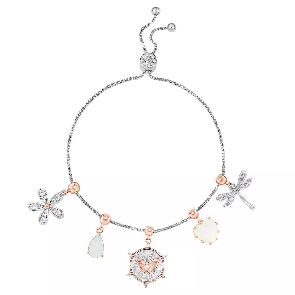 Brilliance Fine Silver Plated and 18k Rose Gold Flash Plated Cubic Zirconia and Opal Charm Slider Bracelet, Women's, Size: 4-10" ADJ, Silver Tone Team Product Image