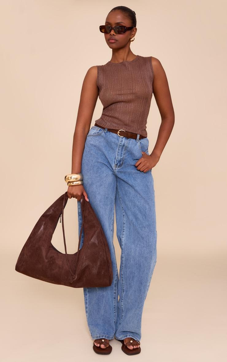 Chocolate Sheer Knit Boat Neck Top Product Image