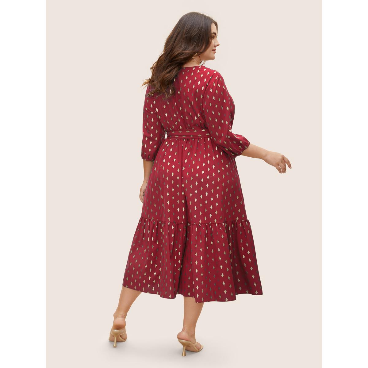 Plus Size Glitter Notched Lantern Sleeve Midi Dress Indigo Women Party&Cocktail Gathered Notched collar Elbow-length sleeve Curvy BloomChic 22-24/3X Product Image