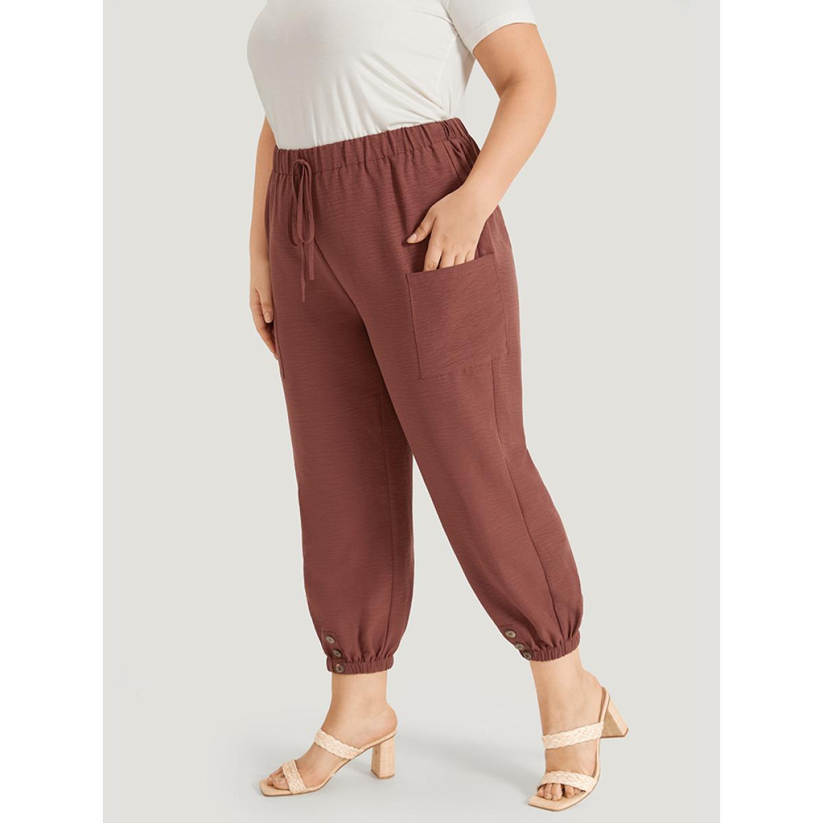 Plus Size Solid Patched Pocket Bowknot Button Detail Pants Women Rust Casual High Rise Dailywear Pants BloomChic 10/M Product Image