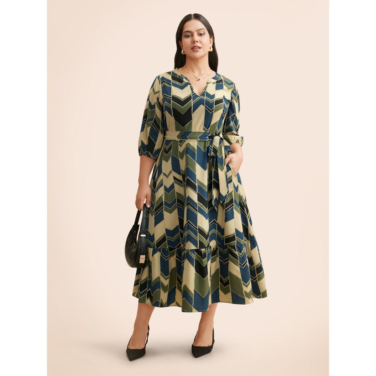 Plus Size Geometric Contrast Lantern Sleeve Dress Moss Women At the Office Belted Flat collar with V-notch Elbow-length sleeve Curvy BloomChic 12/L Product Image