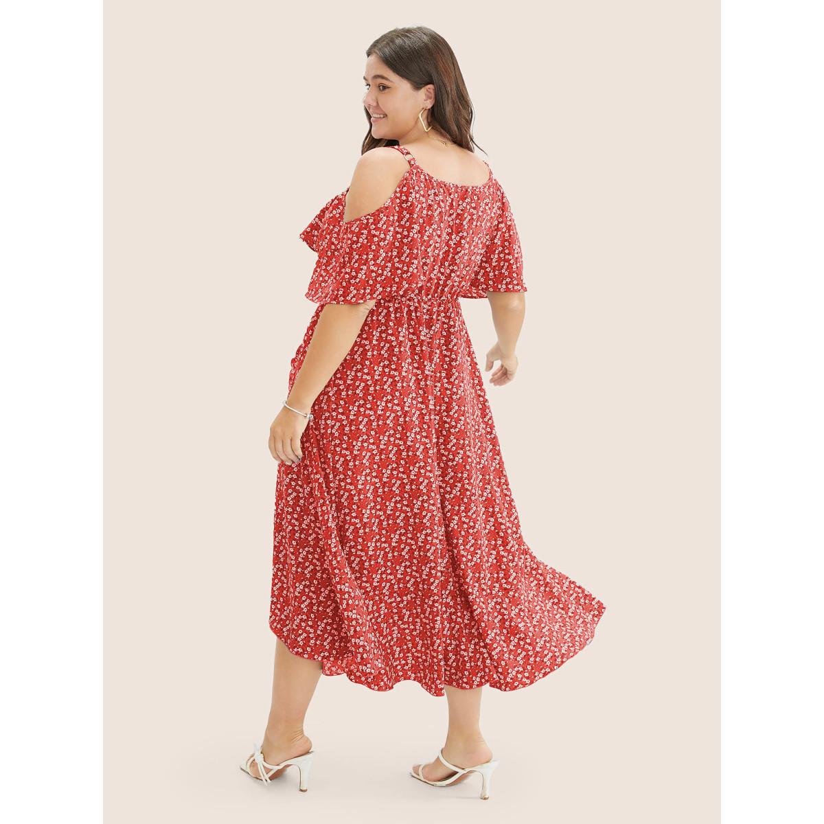 Plus Size Ditsy Floral Pocket Wrap Cold Shoulder Ruffle Dress Red Women Romantic Non Overlap Collar Short sleeve Curvy Midi Dress BloomChic 28/5X Product Image