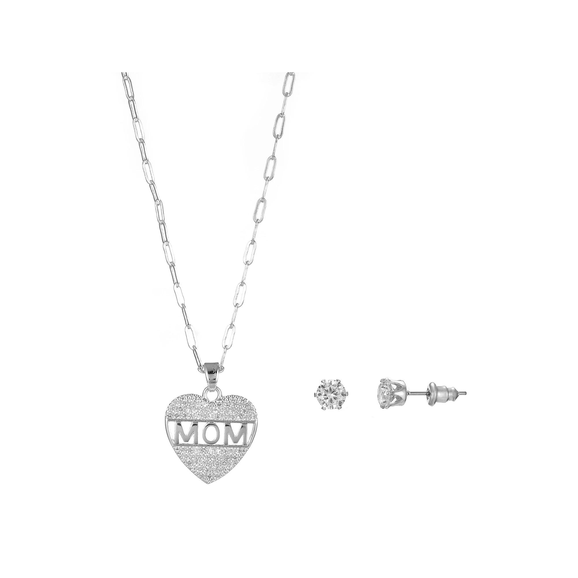 Silver Tone Cubic Zirconia "Mom" Heart Necklace & Stud Earrings Set, Women's Product Image