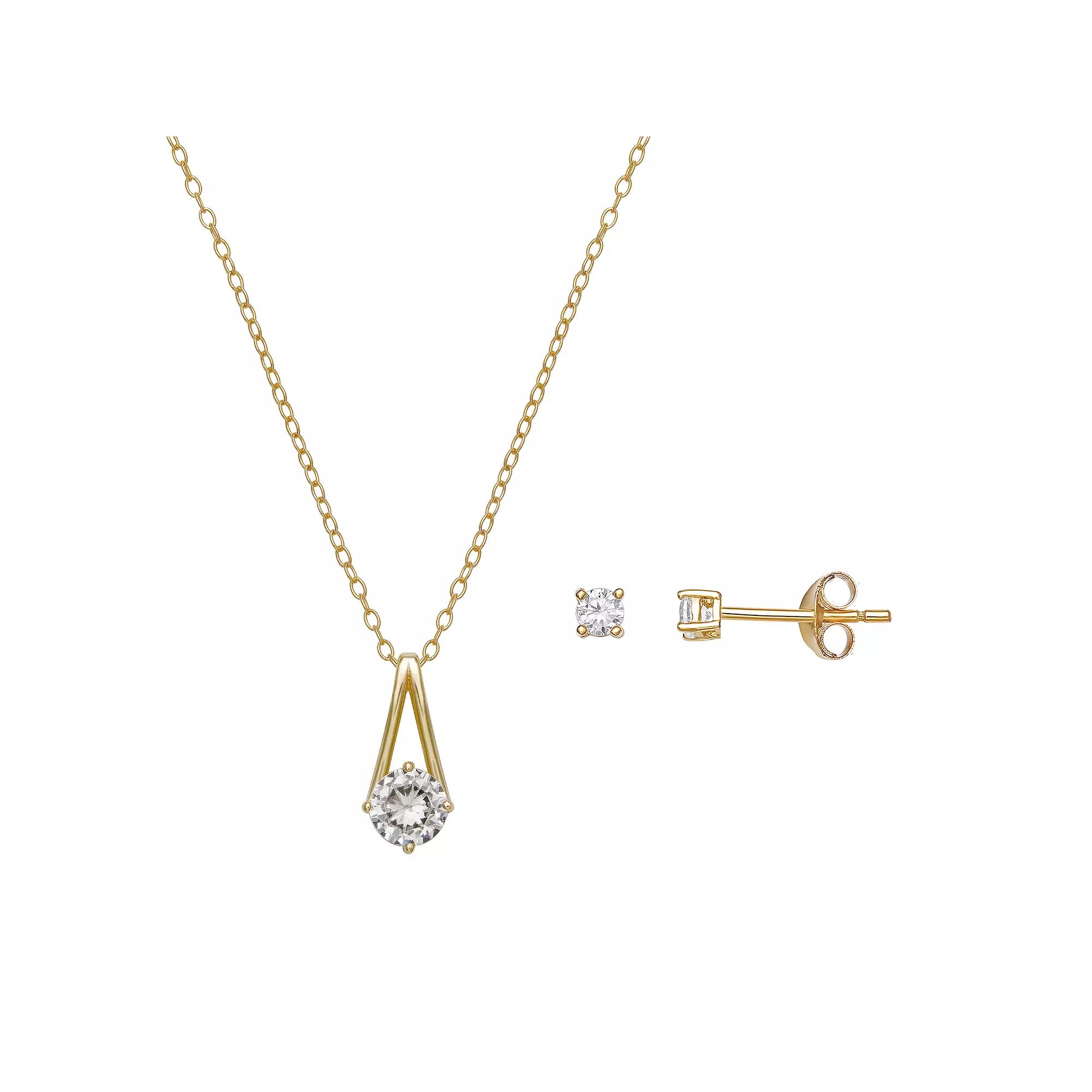 PRIMROSE Sterling Silver Cubic Zirconia Drop Pendant Necklace & Stud Earring Set, Women's, Yellow Gold Sterling Product Image