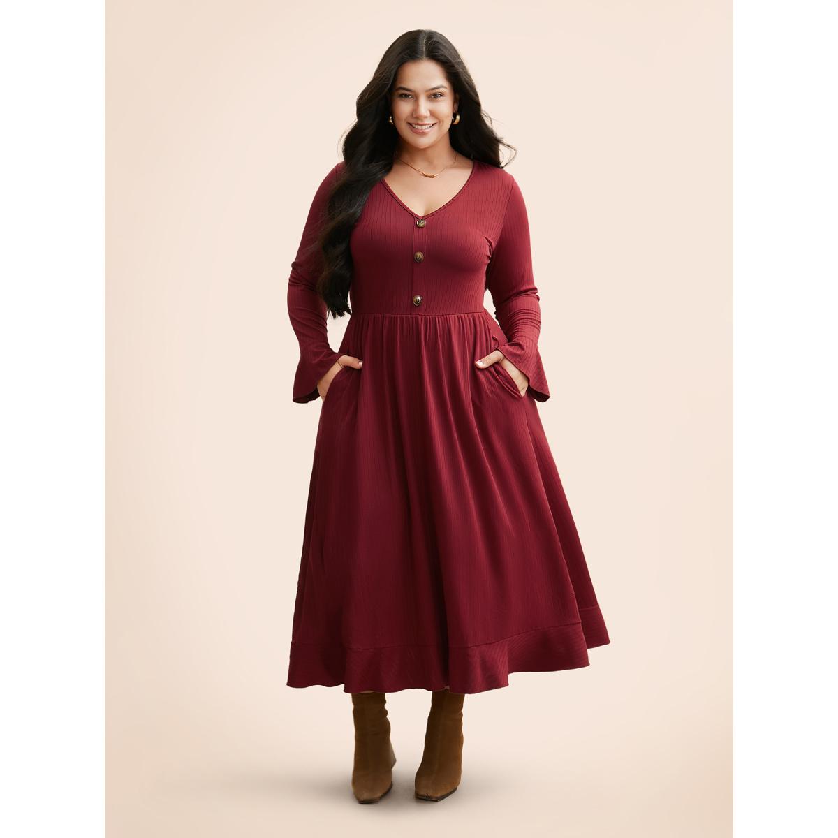 Plus Size V Neck Button Detail Rib Knit Dress Burgundy Women Casual Texture V-neck Long Sleeve Curvy BloomChic 22-24/3X Product Image