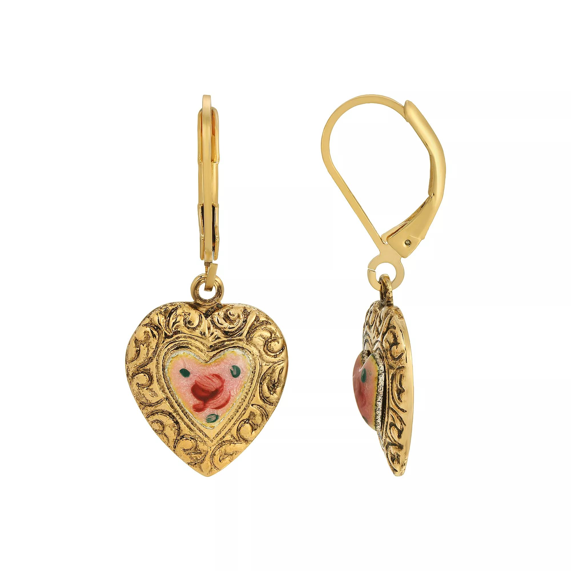 1928 Gold Tone Pink Enamel Heart Drop Earrings, Womens Product Image