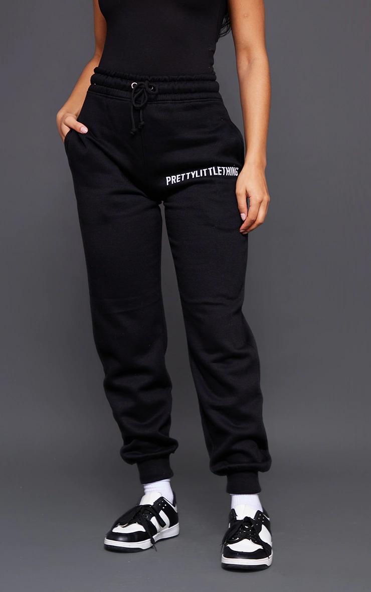 PRETTYLITTLETHING Black Logo High Waisted Cuffed Sweatpants Product Image