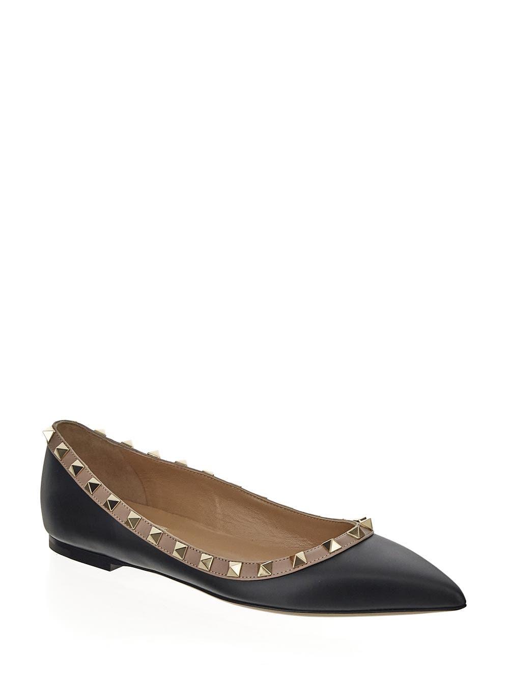 VALENTINO GARAVANI Pointed Toe Studded Trim Flat Sole Ballerina In Black Product Image