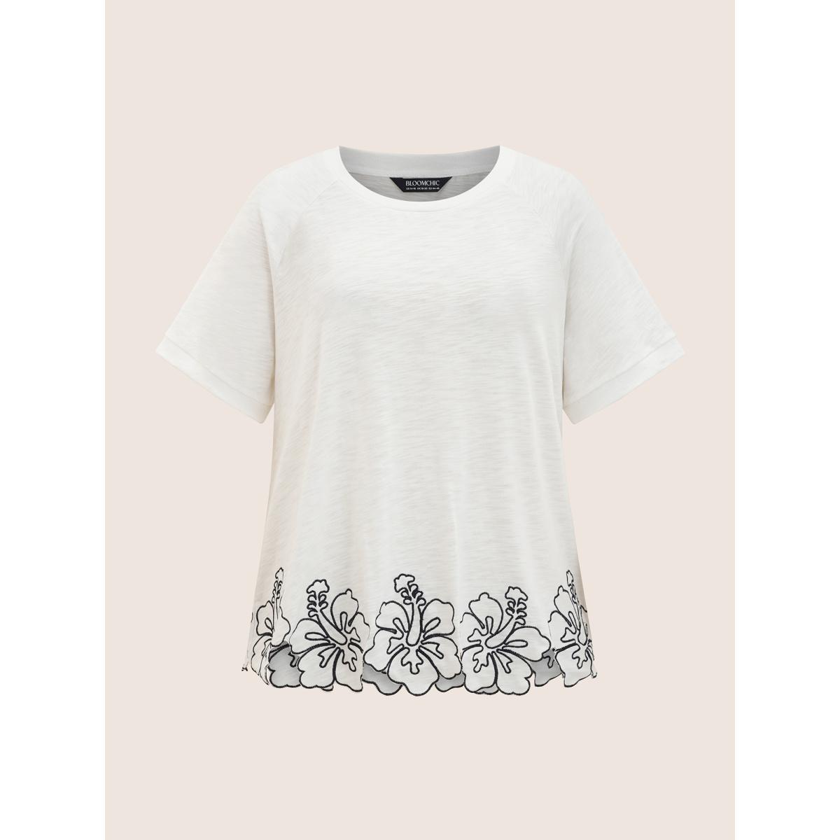 Plus Size Floral Embroidered Hem Raglan Sleeve T-shirt WhiteSmoke Women Resort Contrast Natural Flowers Round Neck Vacation T-shirts BloomChic 10/M Product Image