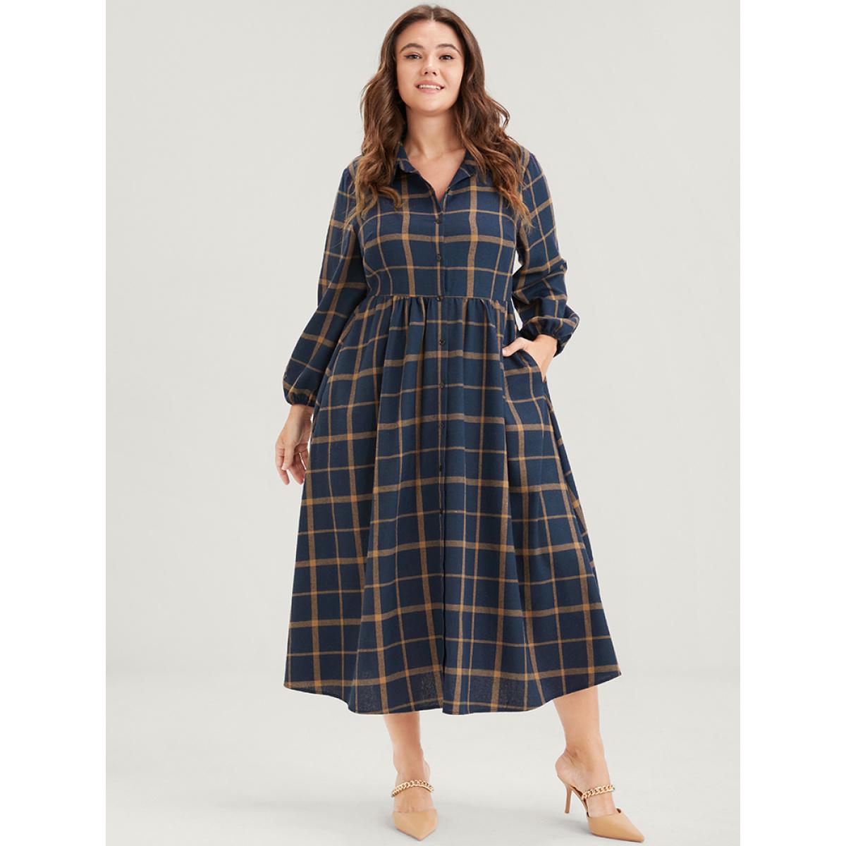 Plus Size Plaid Button Up Pocket Shirt Collar Flutter Hem Dress Without Belt DarkBlue Women Office Slit Shirt collar Long Sleeve Curvy Midi Dress BloomChic 14-16/1X Product Image