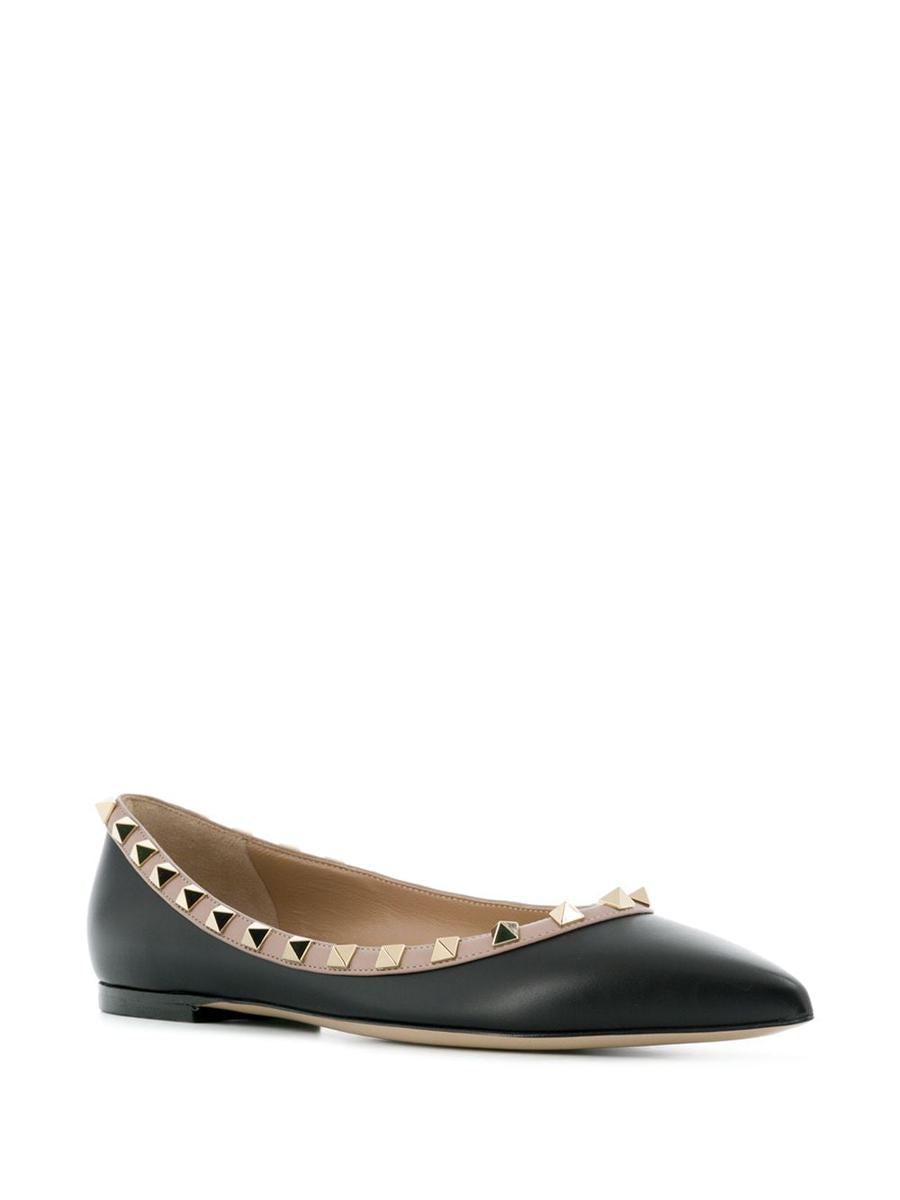 VALENTINO GARAVANI Pointed Toe Studded Trim Flat Sole Ballerina In Black Product Image