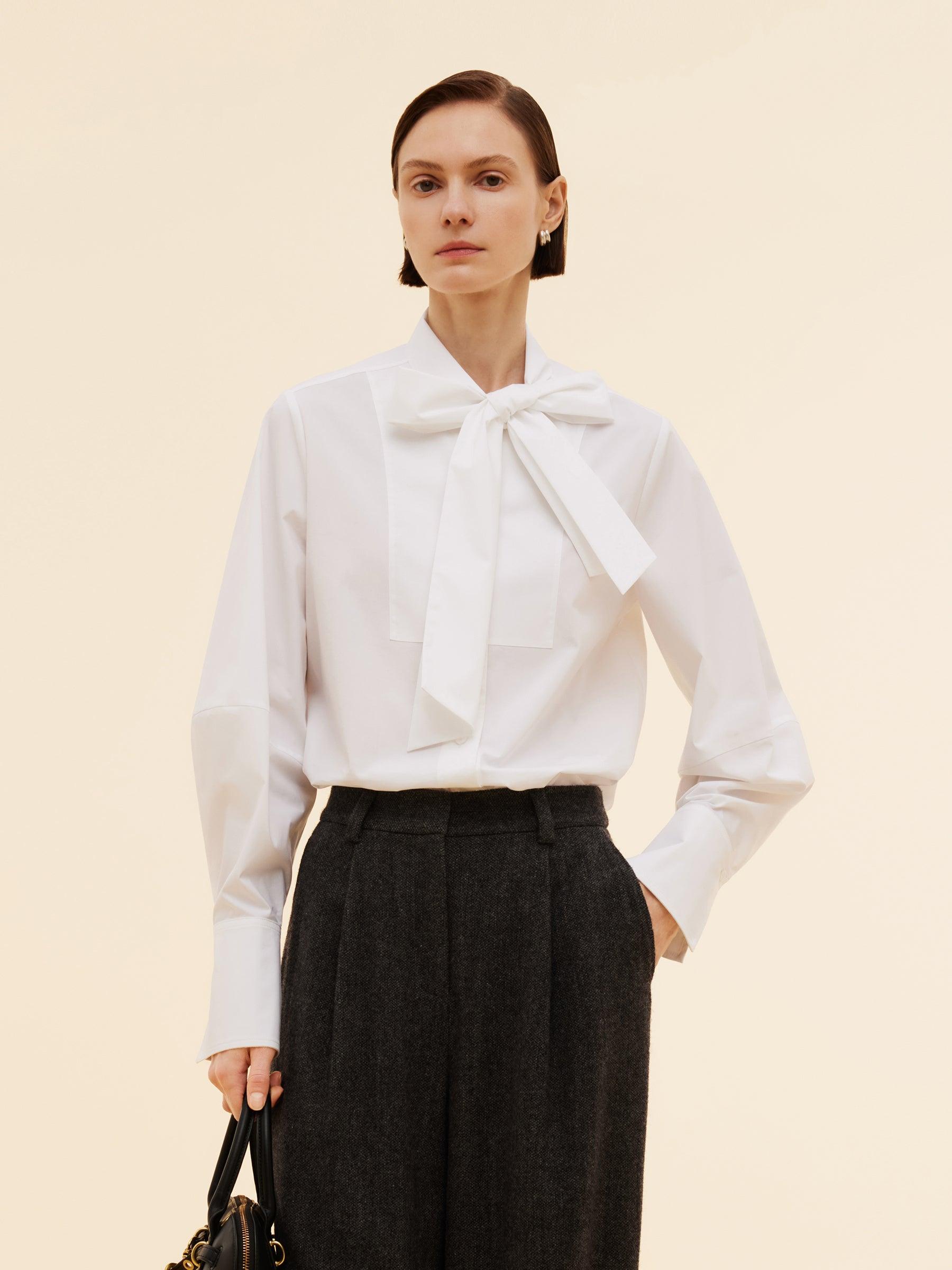 Bow Tie Front Balloon Sleeve Women Loose Shirt Product Image