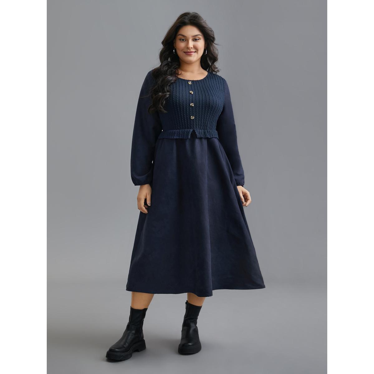 Plus Size Textured Button Detail Lantern Sleeve Dress Indigo Women Casual Texture Round Neck Long Sleeve Curvy BloomChic 22-24/3X Product Image