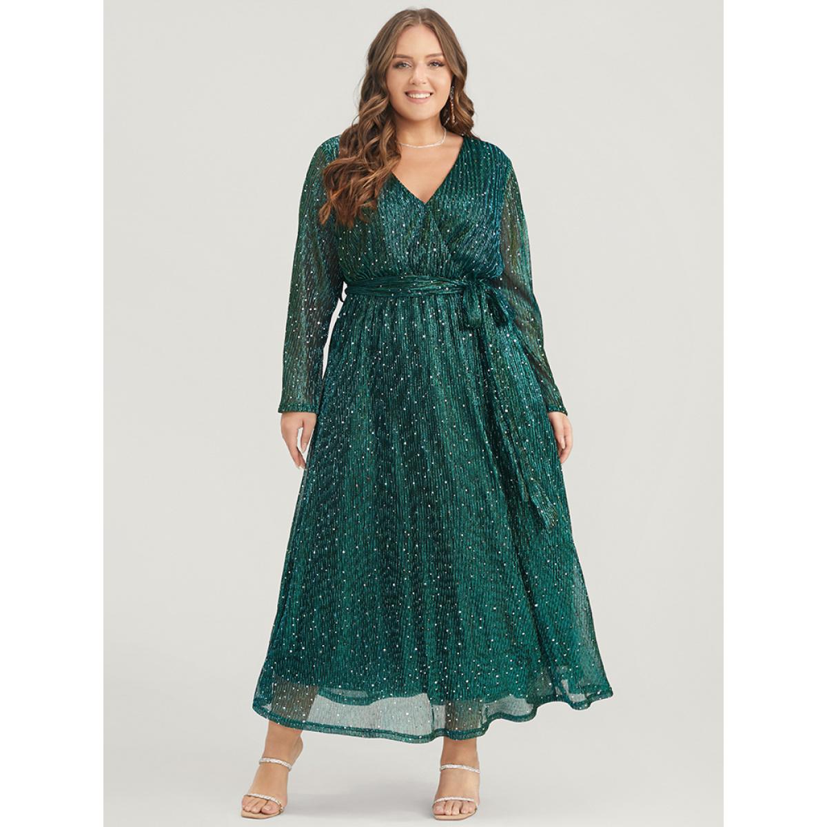Plus Size Solid Pocket Wrap Belted Sequin Mesh Maxi Dress DarkGreen Women Cocktail Belted V-neck Long Sleeve Curvy Long Dress BloomChic 18-20/2X Product Image