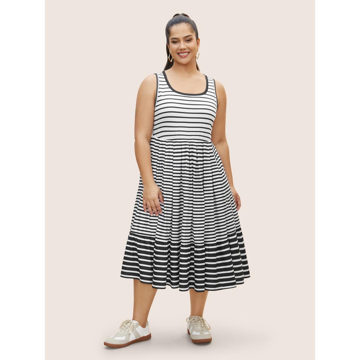 Plus Size Striped Ruffle Layered Hem Tank Midi Dress Black Women Casual Patchwork Square Neck Sleeveless Curvy BloomChic 14-16/1X Product Image