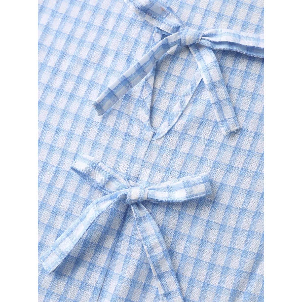 Plus Size LightBlue Bow Front Plaid Print Babydoll Top Women Leisure Short sleeve Notched collar Casual Blouses BloomChic 30/6X Product Image