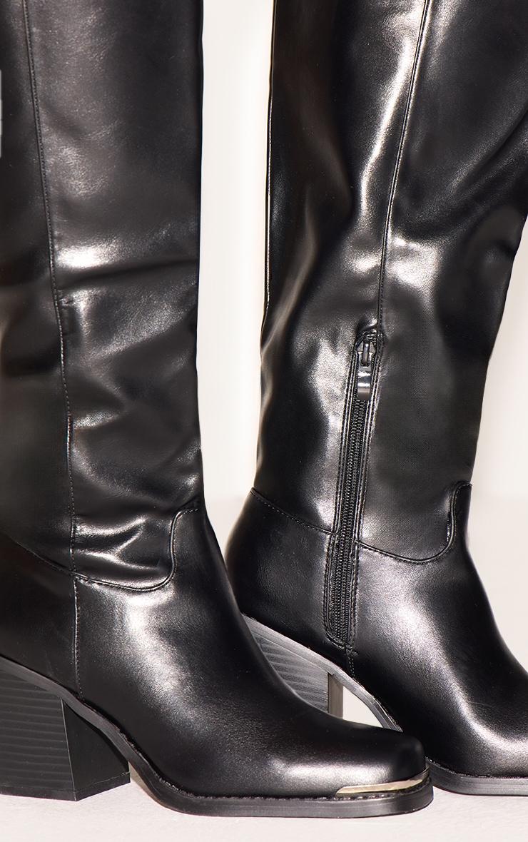 Black PU Square Toe Knee High Block Heeled Western Boots Product Image