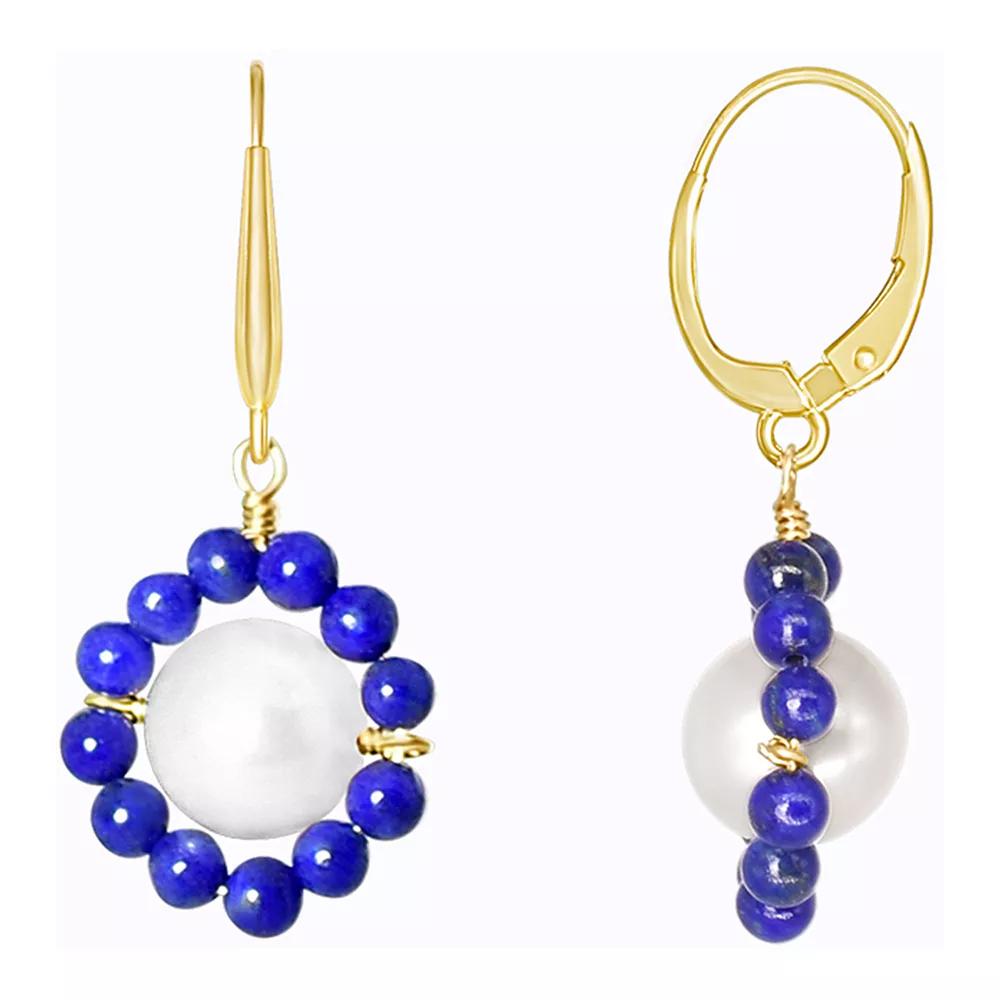 Jewelmak 14k Gold Freshwater Cultured Pearl & Lapis Lazuli Flower Leverback Earrings, Women's Product Image