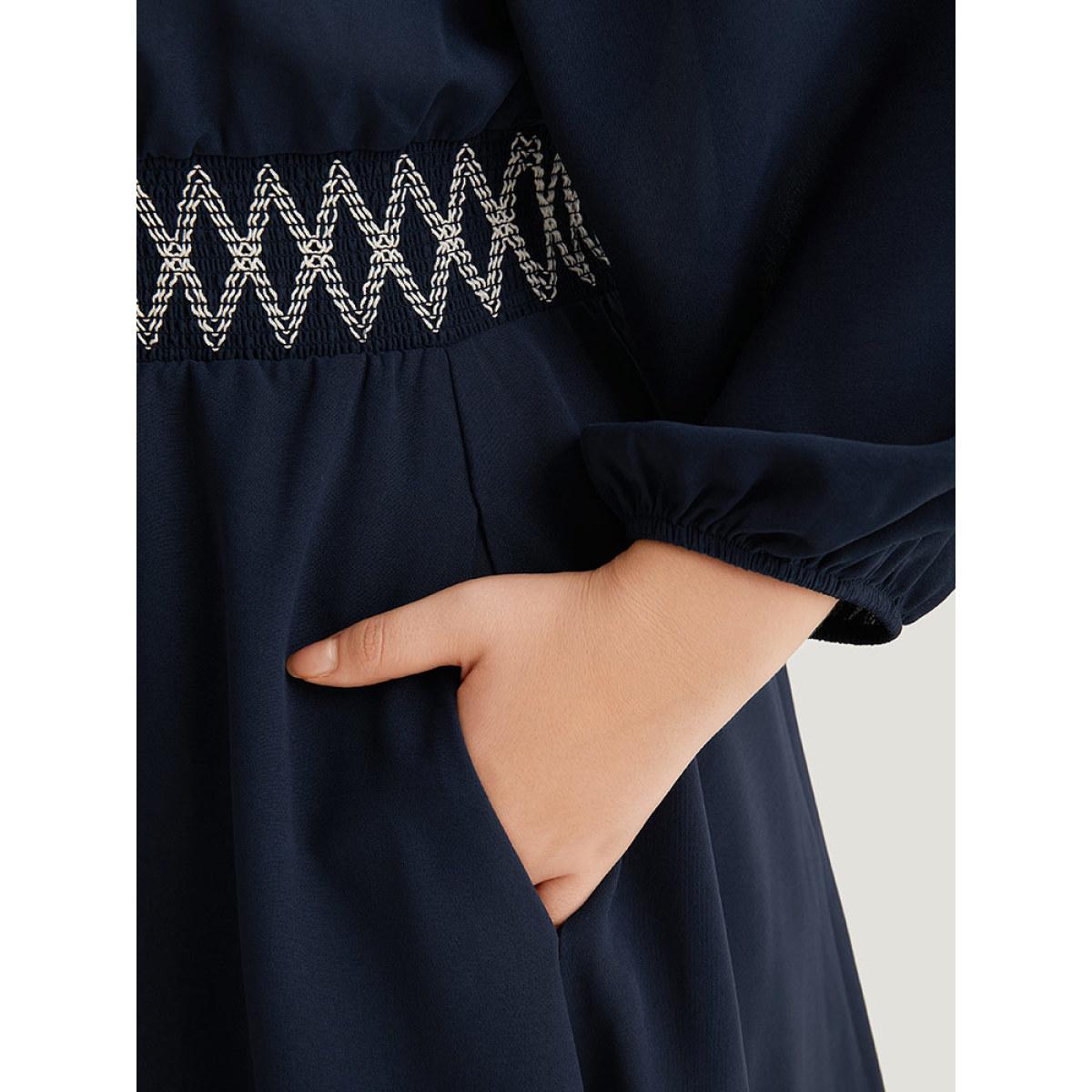 Plus Size Bandana Shirred Square Neck Lantern Sleeve Dress DarkBlue Women Vacation Elastic cuffs Square Neck Long Sleeve Curvy Midi Dress BloomChic 26/4X Product Image
