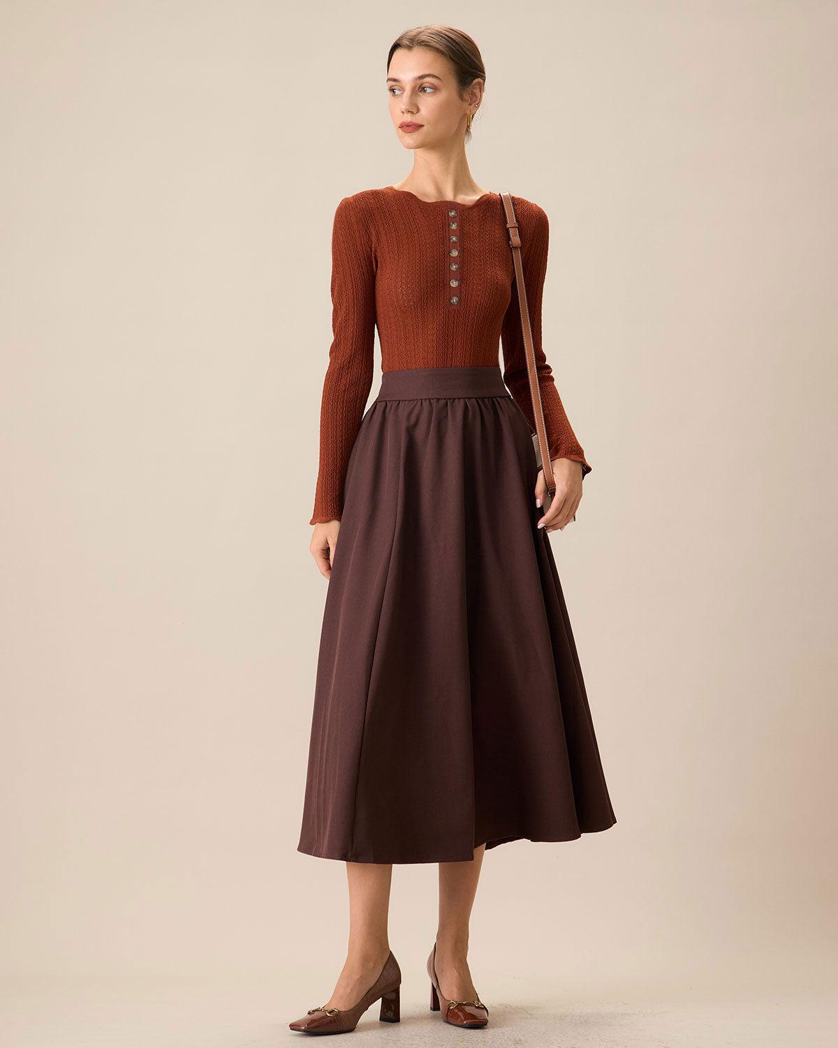 Women's Brown Round Neck Slim Sweater Female Product Image