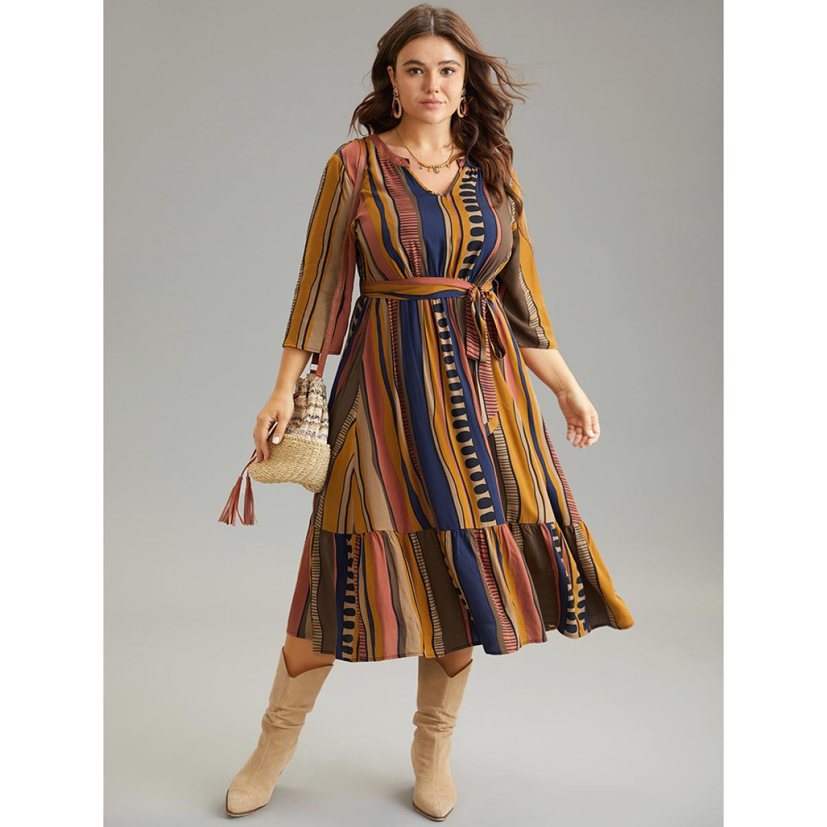Plus Size Cotton Striped Colorblock Belted Notched Dress Chocolate Women Vacation Belted Notched collar Elbow-length sleeve Curvy Midi Dress BloomChic 26/4X Product Image