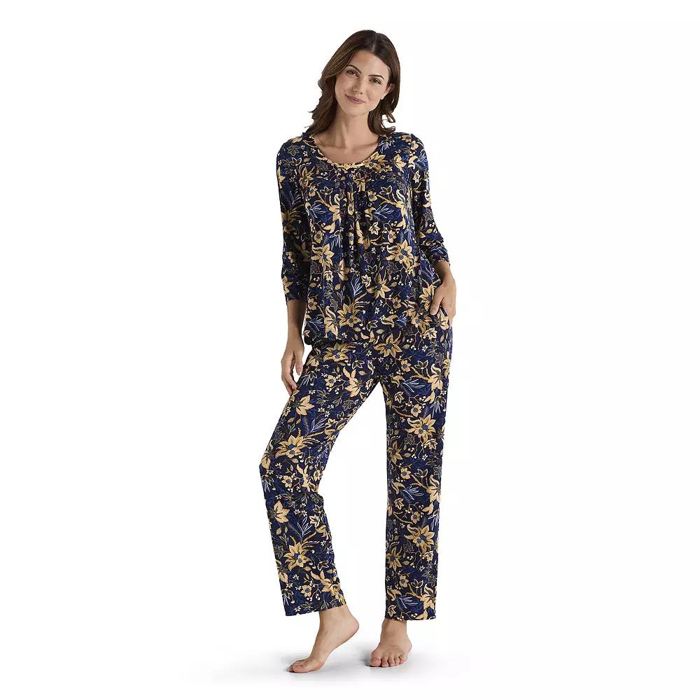 Women's Miss Elaine Essentials Micro Velvet Pajama, Size: Small, Navy Gold Floral Product Image