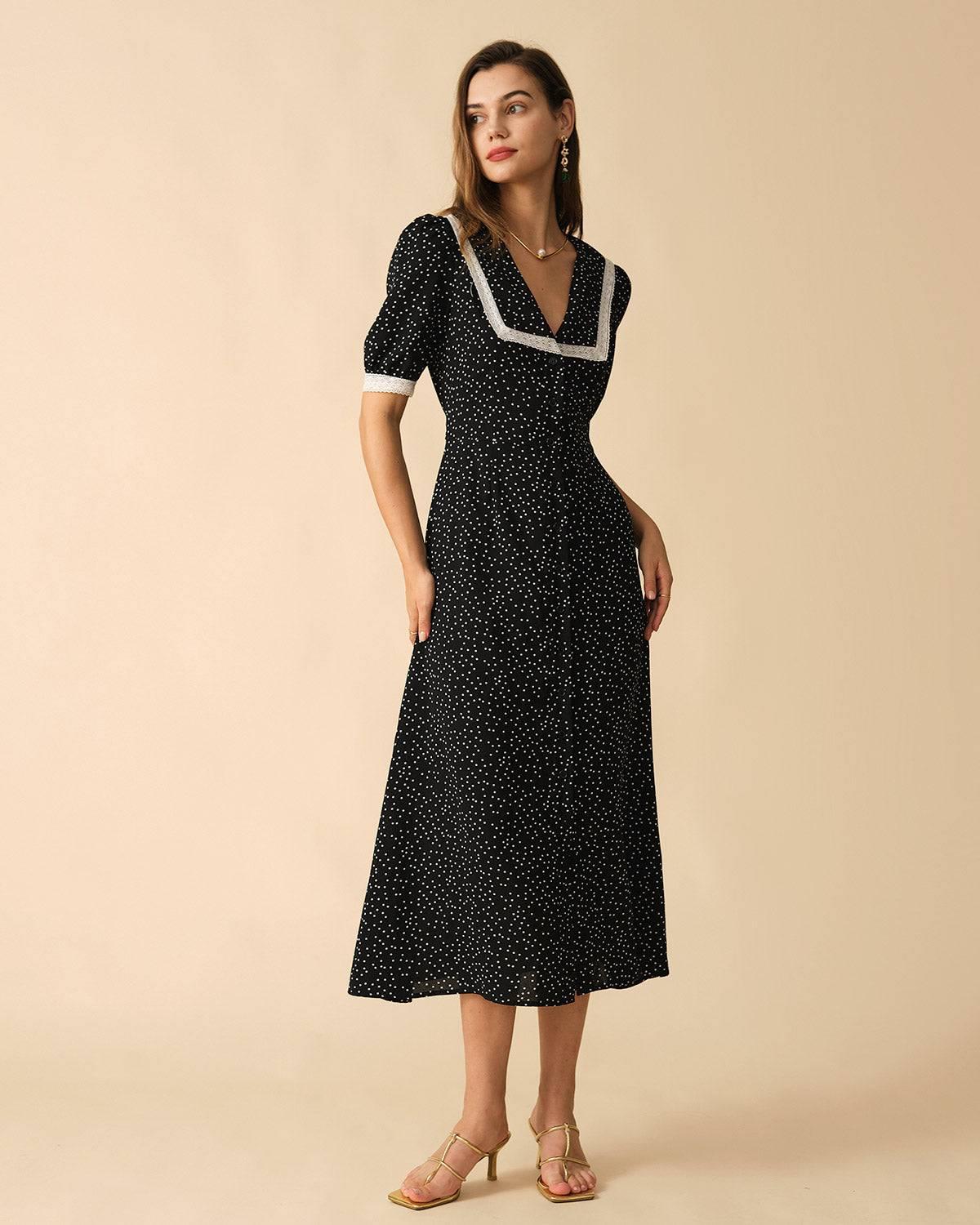 The Polka Dot Lace Trim Midi Dress Female Product Image