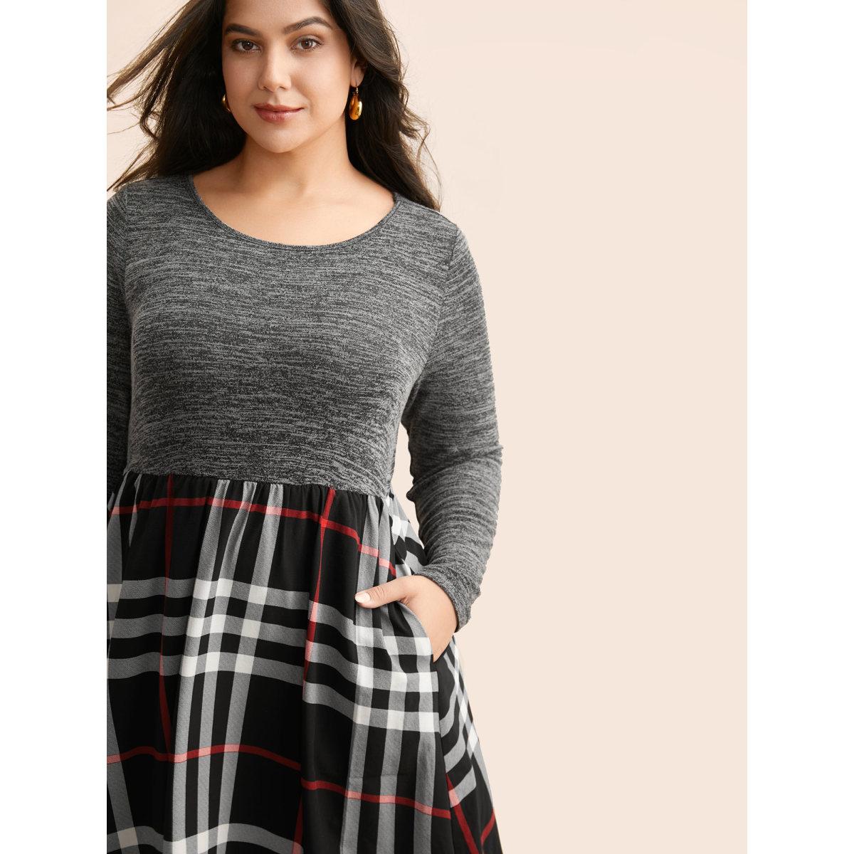 Plus Size Plaid Patchwork Elastic Waist Dress Black Women Casual Patchwork Round Neck Long Sleeve Curvy BloomChic 18-20/2X Product Image