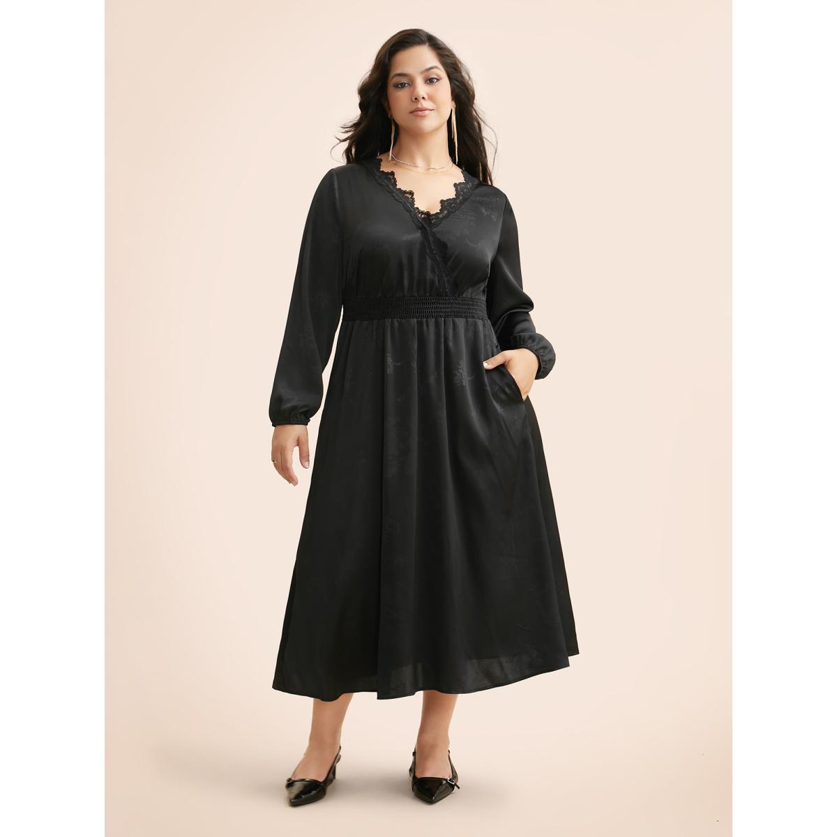 Plus Size Overlap Collar Textured Shirred Lace Trim Dress Black Women Cocktail Woven ribbon&lace trim Overlap Collar Long Sleeve Curvy BloomChic 10/M Product Image