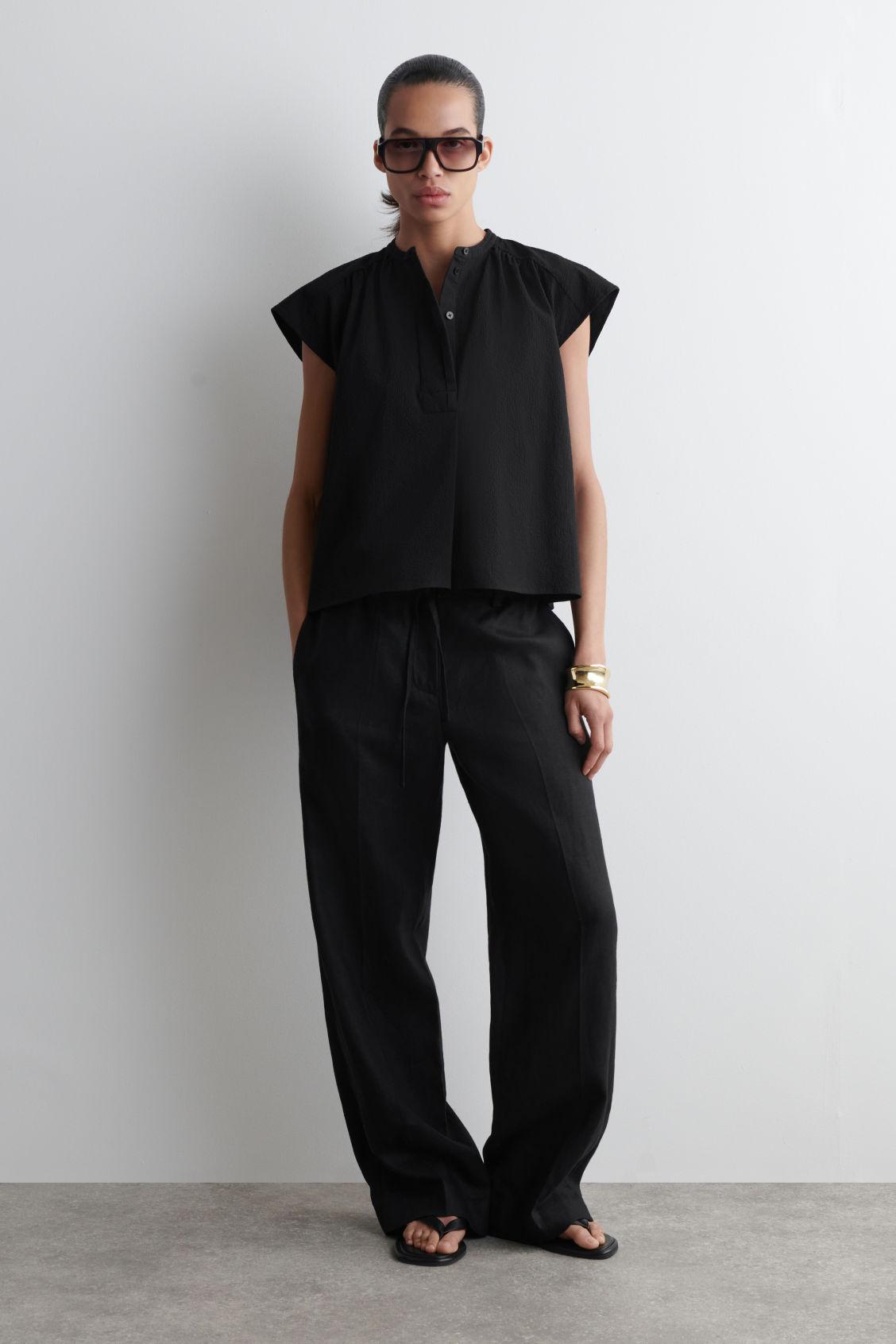 GATHERED GRANDAD-COLLAR BLOUSE Product Image