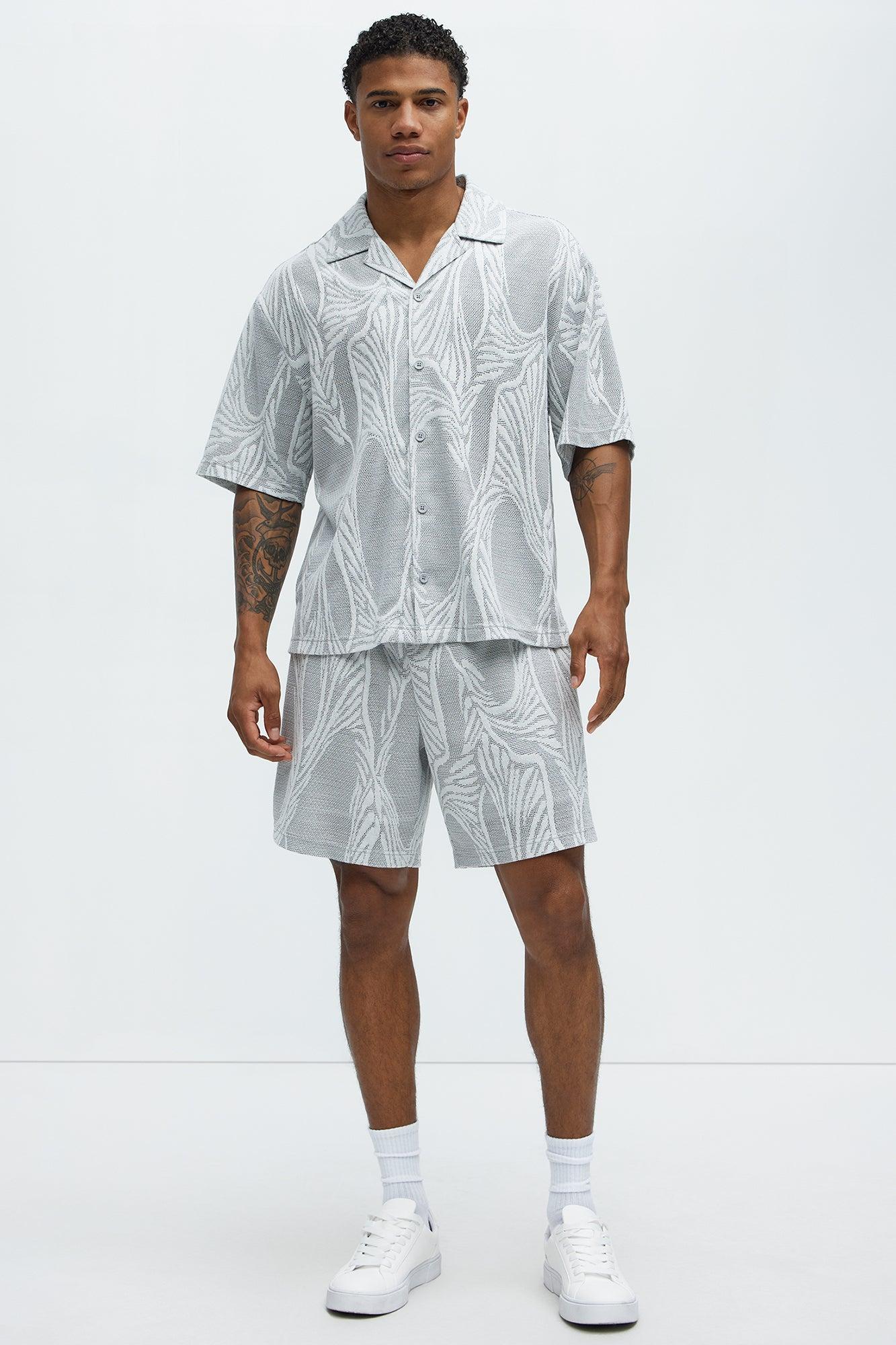 Leaf Patterned Knit Shorts - Grey/combo Product Image