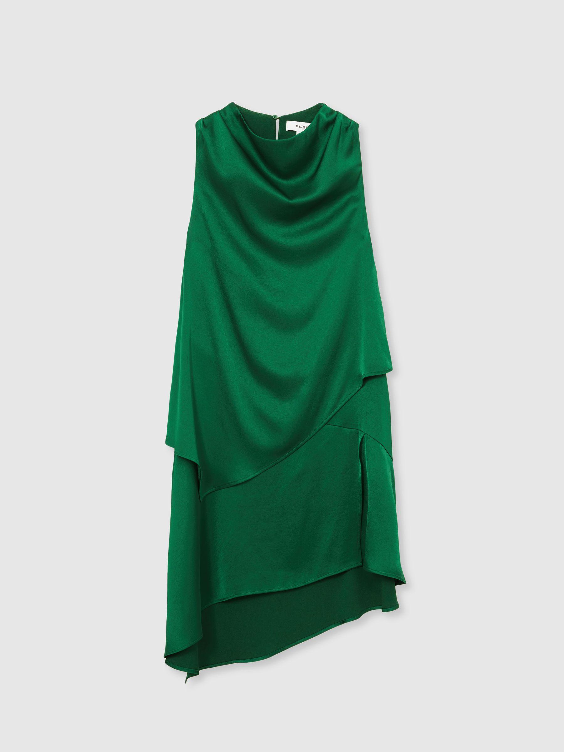 Satin Drape-Neck Layered Dress in Green Product Image