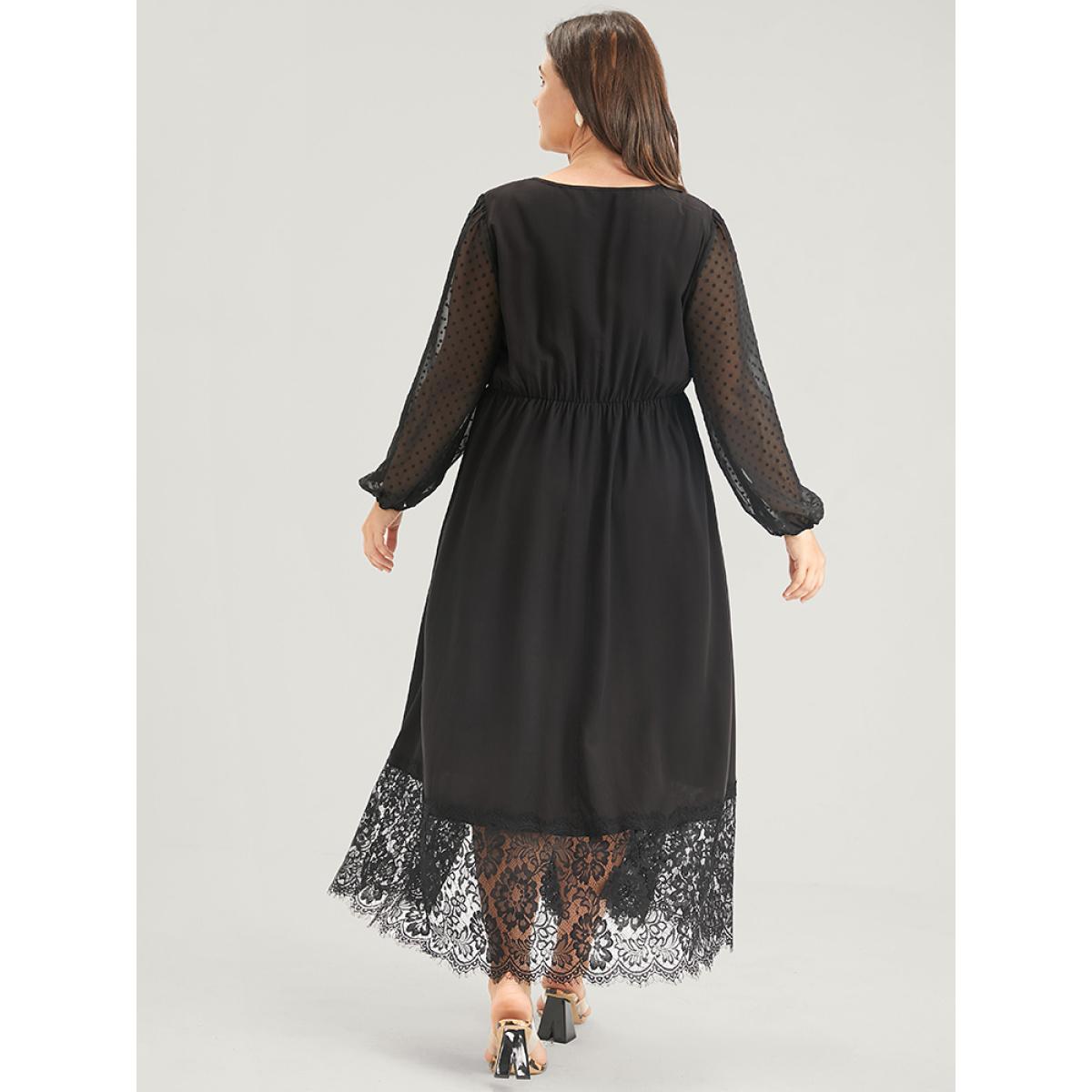Plus Size Solid Split Eyelet Lace Belted Pocket Button Wrap Maxi Dress Black Women Elegant Lace V-neck Long Sleeve Curvy Long Dress BloomChic 10/M Product Image