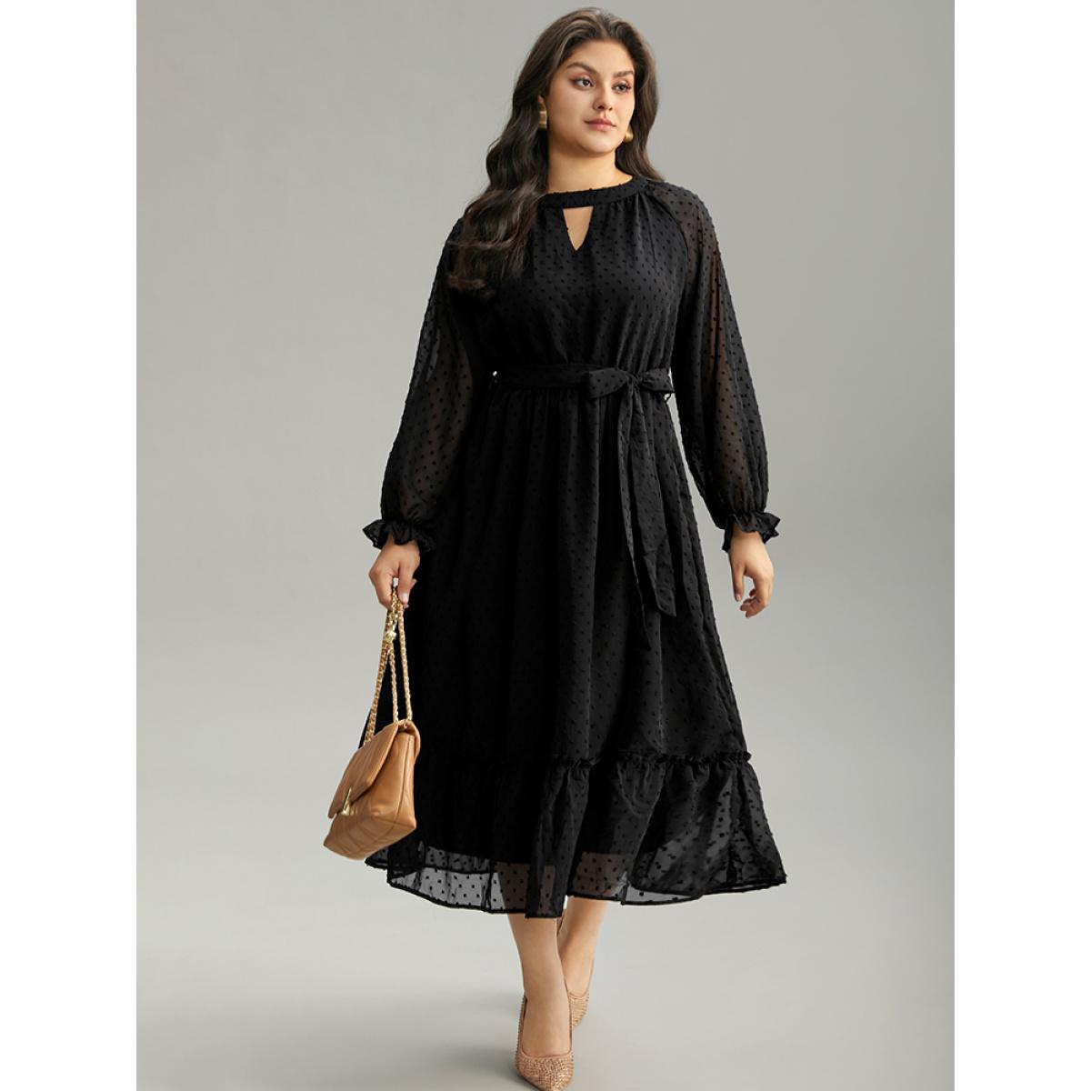 Plus Size Chiffon Texture Belted Mesh Keyhole Frill Trim Dress Black Women Office Texture Keyhole Cut-Out Long Sleeve Curvy Midi Dress BloomChic 18-20/2X Product Image