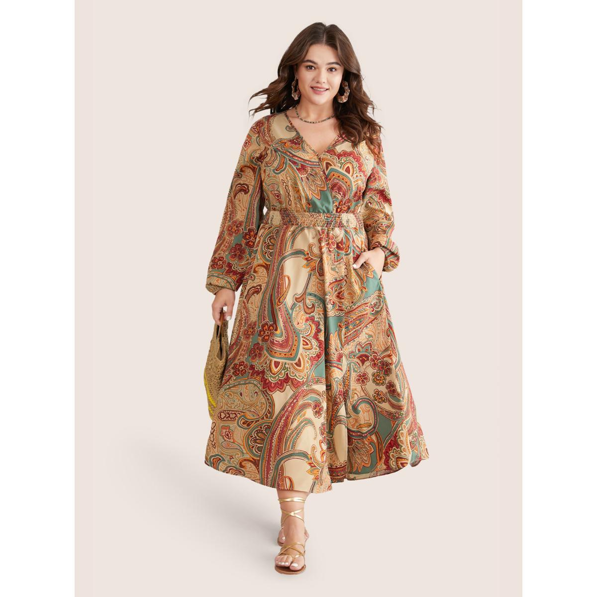 Plus Size Paisley Shirred Split Side Overlap Collar Dress Apricot Women Vacation Elastic cuffs Overlap Collar Long Sleeve Curvy Midi Dress BloomChic 14-16/1X Product Image
