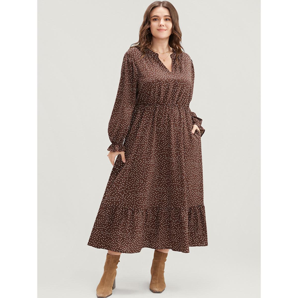 Plus Size Polka Dot Pocket Lantern Sleeve Flutter Hem Dress DarkBrown Women Elegant Pocket V-neck Long Sleeve Curvy Midi Dress BloomChic 14-16/1X Product Image
