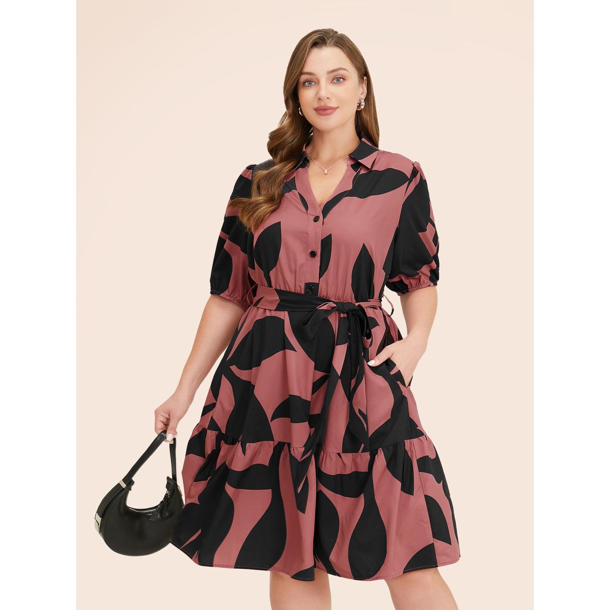 Plus Size Plant Pocket Puff Sleeve Belt Ruffle Hem Button Up Dress Multicolor Women Office Belted Shirt collar Short sleeve Curvy Knee Dress BloomChic 14-16/1X Product Image