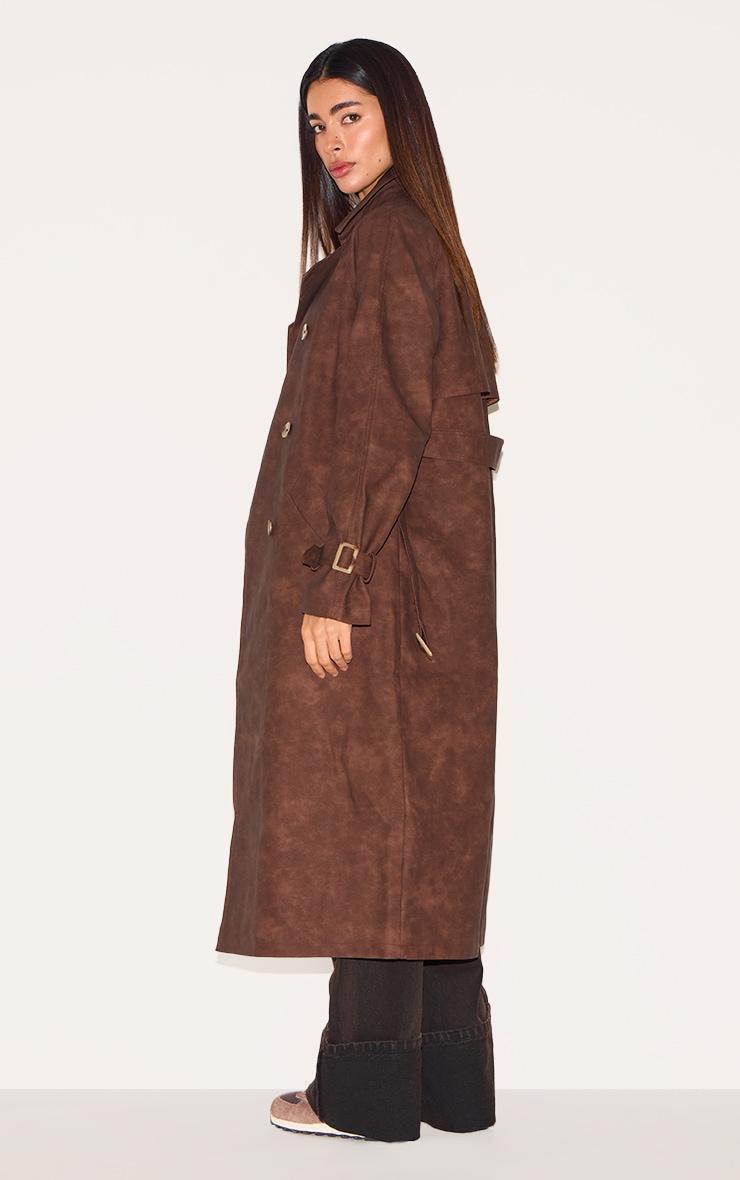Chocolate Textured Faux Leather Trench Coat Product Image