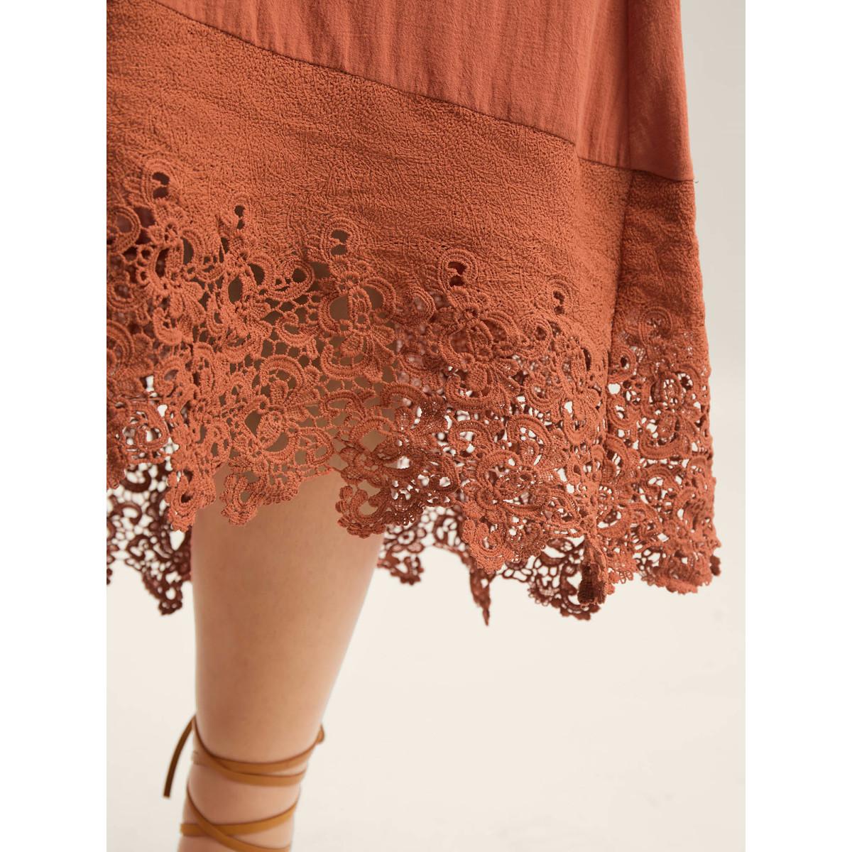 Plus Size Cotton Lace Trim High Low Hem Midi Dress Rust Women V-neck Sleeveless Curvy BloomChic 26/4X Product Image