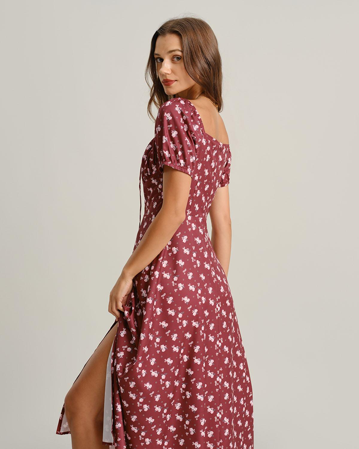 Wine Red Floral Square Neck Puffed Sleeve Midi Dress Product Image