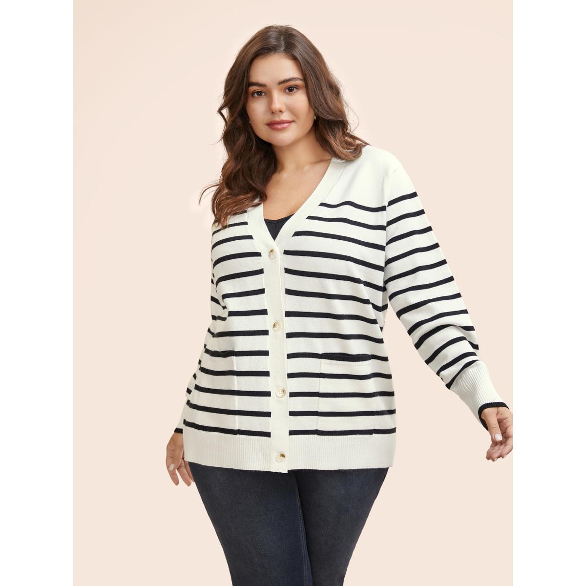 Plus Size Supersoft Essentials Striped Button Up Cardigan Ivory Women Casual Loose Long Sleeve Everyday Cardigans BloomChic 14-16/1X Product Image