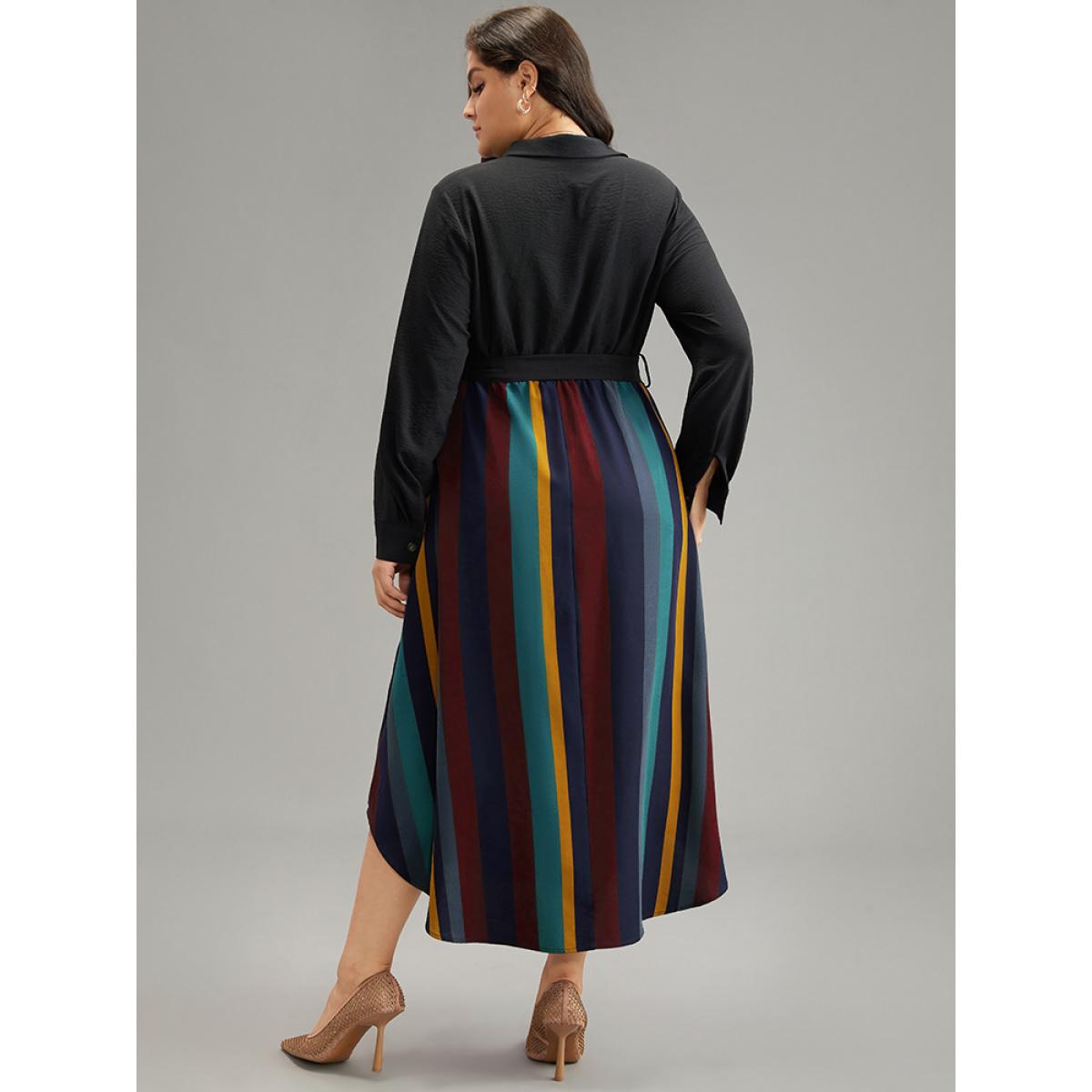 Plus Size Colour Striped Patchwork Belted Button Through Dress Scarlet Women Office Belted Shirt collar Long Sleeve Curvy Midi Dress BloomChic 26/4X Product Image